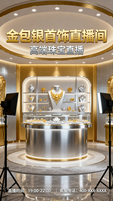 金包银首饰直播间主题装修设计，整体空间采用金色与银色搭配，高端奢华风格，背景展示台陈列金包银饰品，灯光柔和明亮，现代直播间布局，适合珠宝直播带货场景预览效果