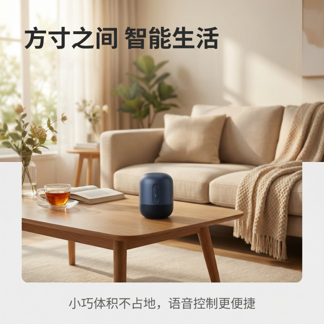 [主图 4] 智能蓝牙音箱智能交互场景展示
[氛围/风格] 温馨家居科技氛围感，真实生活场景体验
[画面元素] 保持深蓝色智能蓝牙音箱外观和原图一致，音箱放置在家庭客厅茶几上，体积小巧不占空间，背景是预览效果