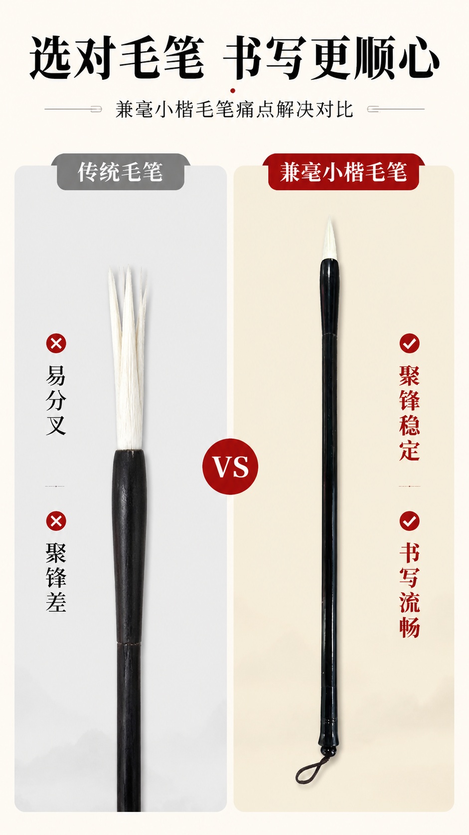 [第2屏] 痛点对比屏-兼毫小楷毛笔痛点解决对比，本屏使用【图… - 图片创意预览