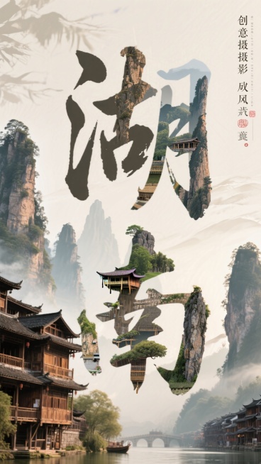 文字“湖南”，字体比划内穿插当地特色元素，比如张家界等，背景为米白色国风水墨预览效果