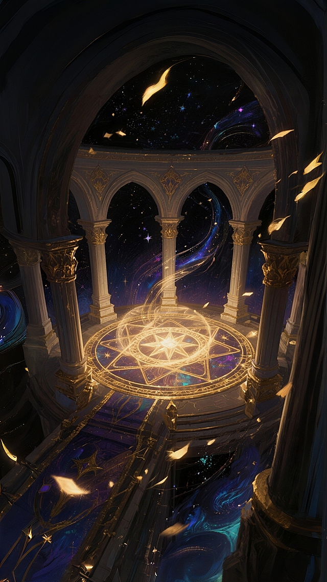 星界祭坛，圆形魔法阵位于画面中心，周围环绕拱廊，背景是深邃的星空，星尘粒子在空中飘散，流动的魔法光晕笼罩祭坛，金色装饰线条点缀其间，精致细节，金属光泽，史诗感