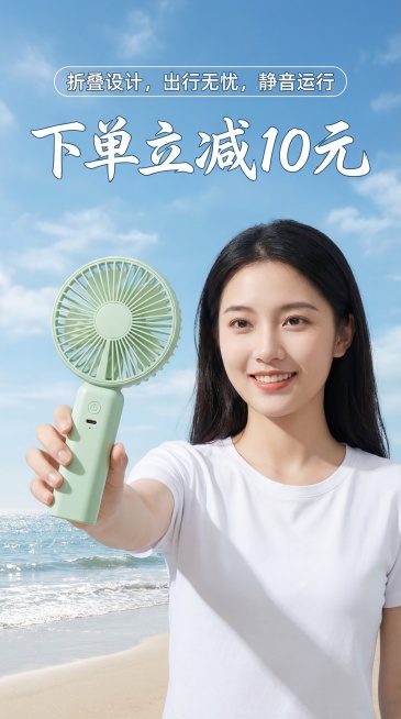 浅绿色手持便携式小风扇，保持产品物理结构绝对不变，按键接口位置严禁扭曲变形。一位身着纯白色T恤的东亚年轻女性手持这款浅绿色风扇，模特将风扇朝向镜头展示，风扇占画面比例至少达到1/4，模特面带自信笑容。预览效果