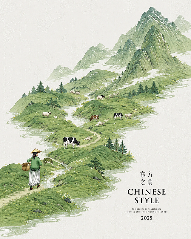 将原画面内容换成高山草原场景，增加牛羊，保持类似插画风格和整体构图