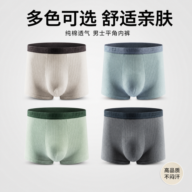 [单张主图]男士纯棉平角内裤 合并多色展示 高级氛围感主图，重点体现四个颜色可选，突出产品品质。参考四张输入单品白底图，将四款产品合并到同一张图，保持每个产品外形结构不变，展示四个不同颜色。四款不同颜预览效果