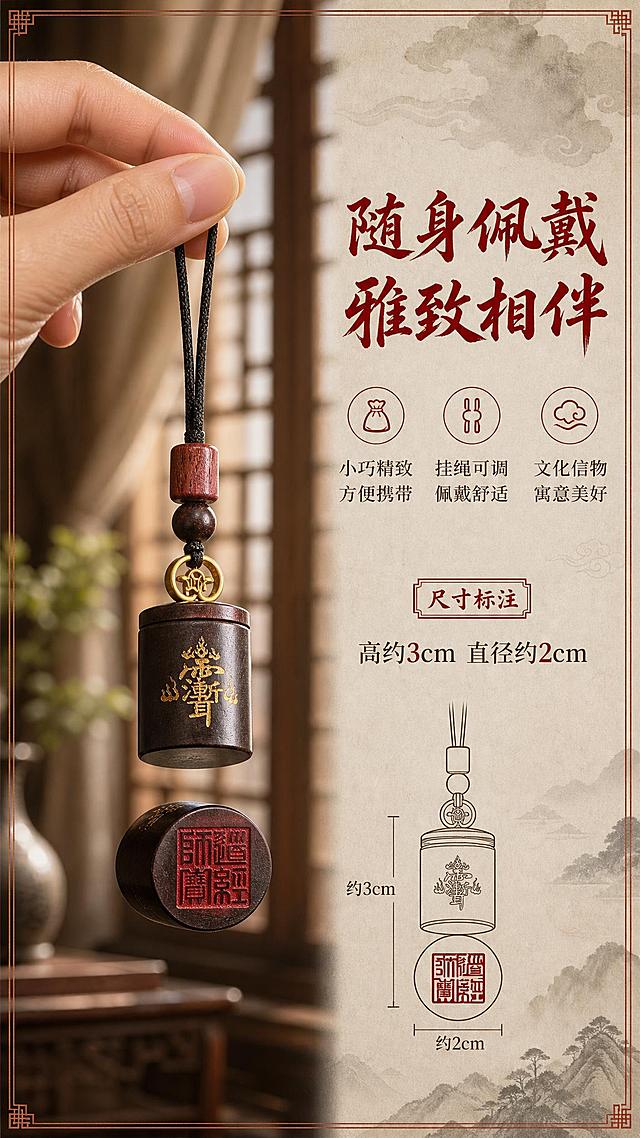 [商品] 使用【图1】龙虎山道家桃木印章吊坠；保留完整的印章吊坠造型，包括顶部铜钱挂扣、木珠串饰、圆柱形印章主体、侧面金色符文与底部朱砂印文；保留深桃木色与金色、朱砂红配色。
[画面] 第5张佩戴展示，目标展示随身挂饰的佩戴效果与大小比例。右文左图构图，画面左侧是一只亚洲成年人的手，拇指与食指轻轻捏着印章吊坠的黑色挂绳，将吊坠自然悬垂展示，吊坠完整可见，展示实际大小与佩戴比例。手部皮肤自然，动作轻柔。背景是虚化的古风室内场景，隐约可见木质窗棂与纱帘，柔和自然光从侧方照入，在吊坠上形成温润的光泽。右侧留白放置文案。
[视觉] 套系策略：风格=国风雅致道家文化商业摄影；标题字=书法体+宋体组合，有文化底蕴；正文字=简洁宋体；主色=深墨灰；背景延展=基于深墨灰做仿古宣纸纹理、水墨晕染、云纹山水等国风元素延展；强调色=朱砂红，仅用于小面积印章、引线和重点标签；标题色=朱砂红+烫金；正文色=浅米灰；组件=朱砂红印章式标签、细线引线、仿古边框；光影=侧前暖柔光+轮廓光，突出木质温润与金色光泽，暗调氛围有层次感。
[文字] 画面右侧上半部分，主标题「随身佩戴 雅致相伴」朱砂红书法大字，横排；下方三个卖点横排：「小巧精致 方便携带」「挂绳可调 佩戴舒适」「文化信物 寓意美好」，每个卖点配小型图标。底部有尺寸标注「高约3cm 直径约2cm」，配简单线框示意图。文字均横排，手机端可读。
[规格] 图片比例9:16竖版，4K，避免手部畸形、手指异常、穿模、产品变形、错字、文字过小、冷蓝背景、迷信宗教宣传、绝对化用语。