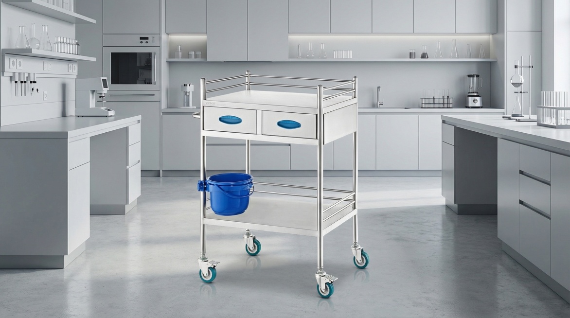 将这台实验室医疗手推车放置在干净整洁明亮的现代化医院实验室场景中，保持推车本身外观结构颜色完全不变，背景为简洁干净的浅灰色实验室环境，有柔和的专业无影灯光，营造专业干净的医疗设备氛围，产品主体清晰居中预览效果