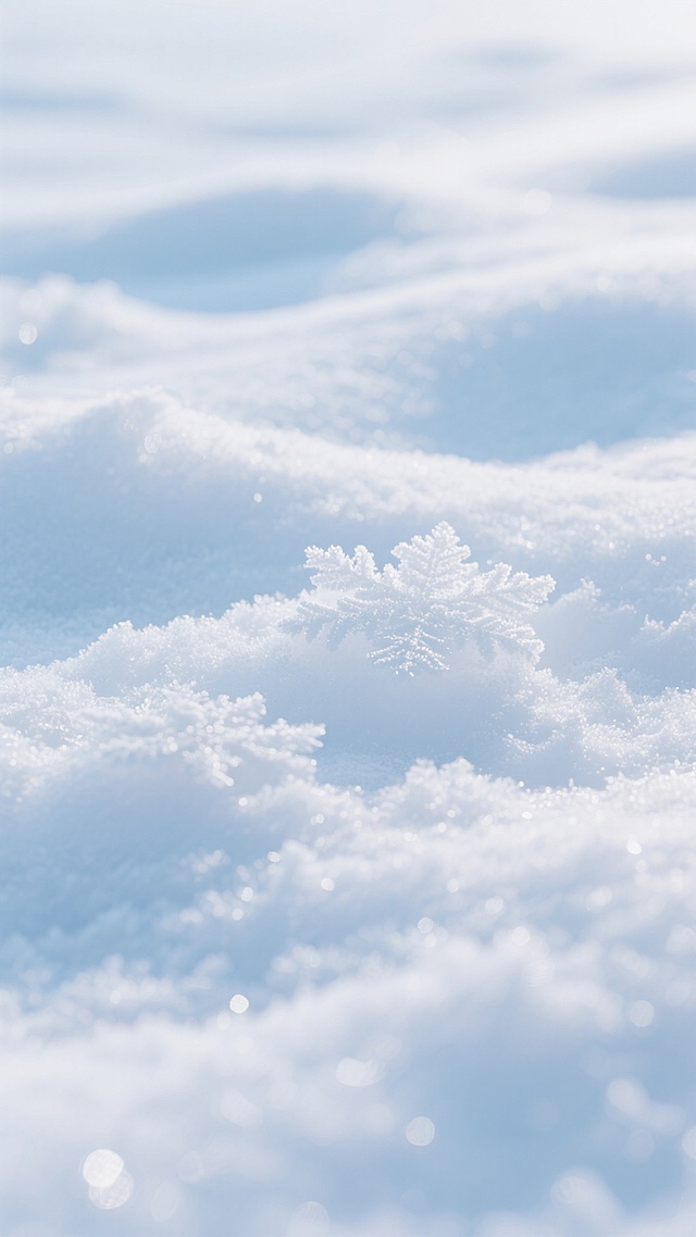 一张纯净的雪地背景图，画面中充满了细腻的白色雪花纹理，雪花呈现出自然的堆积状态，形成柔和的起伏。整体色调以纯净的白色为主，点缀着淡淡的蓝色阴影，营造出清冷而宁静的氛围。光线均匀地洒在雪地上，没有明显的光源方向，使得雪地表面呈现出柔和的反光效果。雪花的质感细腻而真实，既有整体的统一性，又不失细节的变化，适合作为各种设计作品的背景使用，干净清爽，给人一种纯洁无瑕的感觉。