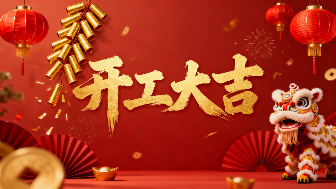 开工大吉主题横版海报，画面有醒目的“开工大吉”书法字体，搭配金色鞭炮、红色灯笼、舞狮元素，喜庆热闹风格，暖红金配色预览效果