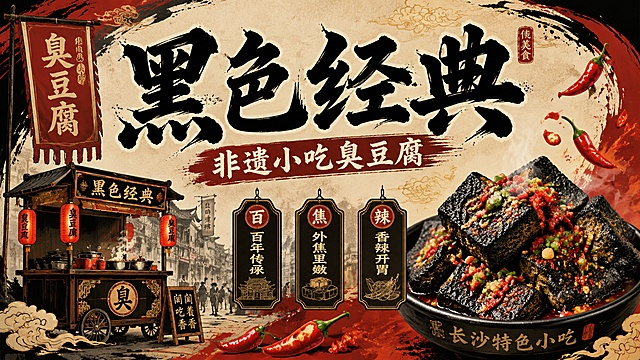 小吃车贴布海报，国潮市井风格，主标题"黑色经典"，副标题"非遗小吃臭豆腐"，卖点标签：百年传承，外焦里嫩，香辣开胃。国潮红黑色调搭配水墨书法字体，加入辣椒、豆腐块国潮元素，版式精美，16:9横版长方形，复古国潮感