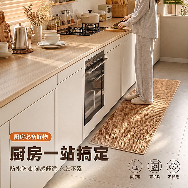 [主图-5] 厨房场景使用状态全景，强化场景代入与购买理由。
[统一基调] 温馨居家生活感，暖调自然光，午后慵懒光斑，高级材质透视，整体以原木色、米白、浅咖为主色调，字体用简洁无衬线粗体，标题字色为深咖色，辅助字色为暖灰色，强调色为焦糖橘，卡片用圆角轻描边，整体干净通透有生活气息。
[画面] 温馨开放式厨房全景，浅灰色地砖，白色橱柜配原木色台面，台面上有不锈钢水壶、陶瓷碗碟、一小束干花，灶台区域干净整洁。长条款驼色丙纶圈绒地毯（约40*140cm比例）铺设在灶台前的地面上，沿橱柜方向延展，展示长条地毯在厨房的实际使用效果。地毯纹理清晰，与地面贴合自然。画面右侧有一位穿着浅灰色家居服的女性（仅展示下半身与手部，25-35岁亚洲女性，身形自然）正站在地毯上切菜，双脚踩在地毯上，展示站立使用的舒适感与防滑效果。暖黄色午后阳光从窗户照入，在地面与地毯上形成柔和光影，整体氛围温馨有生活气息。
[光影质感] 商业家居摄影质感，自然光为主，暖调柔和，地毯表面有自然光照明暗，人物投影自然落在地毯上，整体光影通透有层次。
[配色] 厨房白+原木+浅灰暖调，地毯驼色，人物浅灰家居服，文字深咖+焦糖橘，整体色调和谐温暖。
[文字版式] 左下压角版，主标题大号粗体深咖字「厨房一站搞定」，下方副标题暖灰小字「防水防油 脚感舒适 久站不累」。主标题上方一个焦糖橘色圆角标签「厨房必备好物」白色字。右下角三个小图标加文字：「易打理」「可机洗」「不掉毛」，线性图标配深咖小字。文字均放在地面负空间，不遮挡人物与地毯主体。
[输出要求] 1:1正方形，2048px，文字清晰，场景自然真实，产品与环境融合自然。禁止变形、错字、模糊、杂乱、水印、平台Logo、人物面部扭曲、肢体穿模。