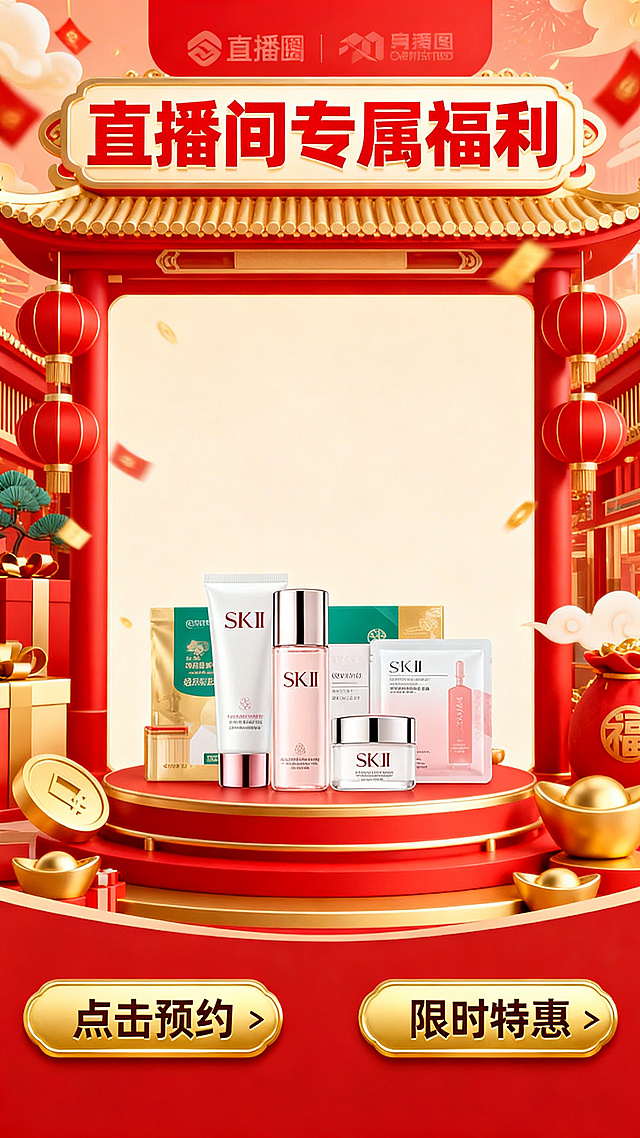 国潮风中式牌楼搭配鎏金元素，重拟物设计呈现喜庆奢华感，金属质感点缀春节氛围，突出直播间专属福利的节日促销主题。