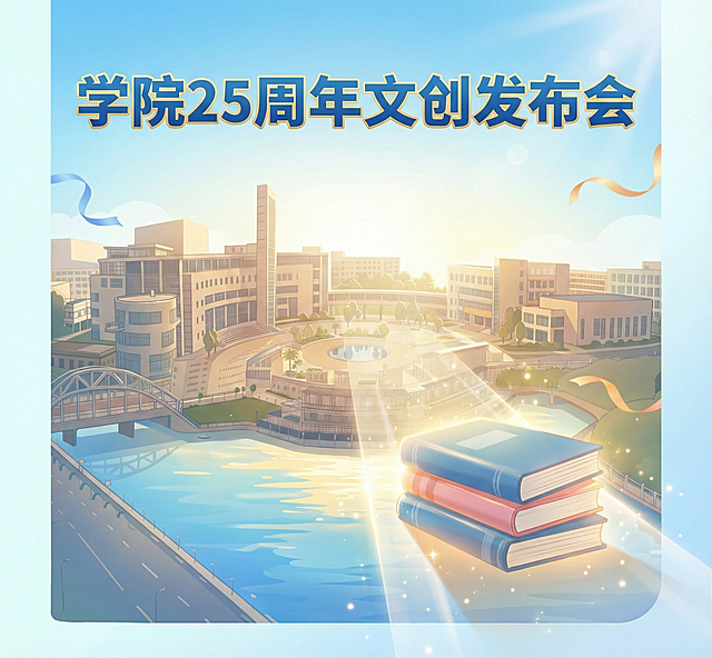 学院25周年文创发布会海报，暖蓝+浅白配色，阳光青春风，含校园建筑剪影
