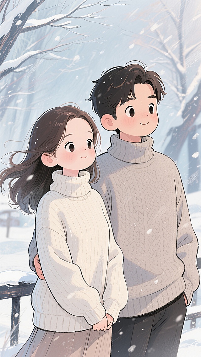 手绘感Q版动漫风格，线条圆润流畅，色彩明快柔和，画面中有两个Q版人物，左边是高清美女，穿着高领羊绒衫，气质优雅高贵，右边是高清帅哥，穿着高领羊绒衫，气质优雅高贵，背景是寒风场景，有飘动的发丝和衣角，整体氛围温馨又带点冬日的清冷感