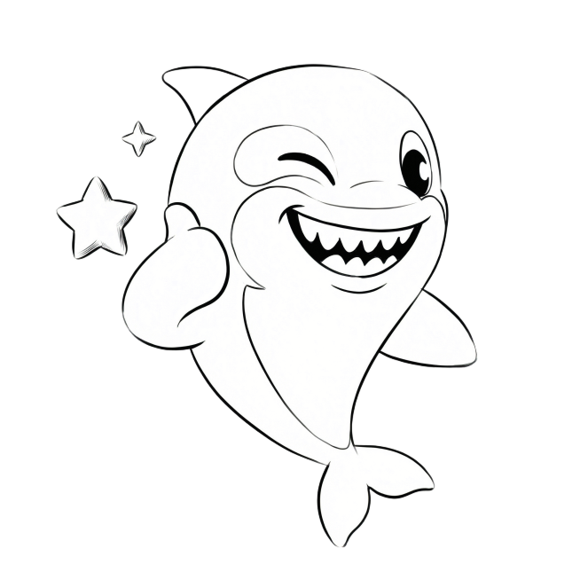 将图中的蓝白海豚转换为线条手绘风格，保留海豚眨眼微笑的姿势和黄色星星元素，保持整体构图不变，仅改成简约黑白线条手绘风格预览效果