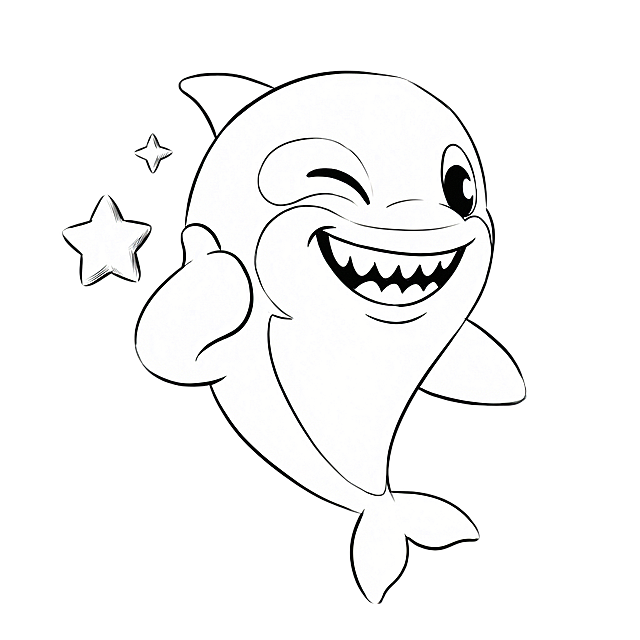 将图中的蓝白海豚转换为线条手绘风格，保留海豚眨眼微笑的姿势和黄色星星元素，保持整体构图不变，仅改成简约黑白线条手绘风格