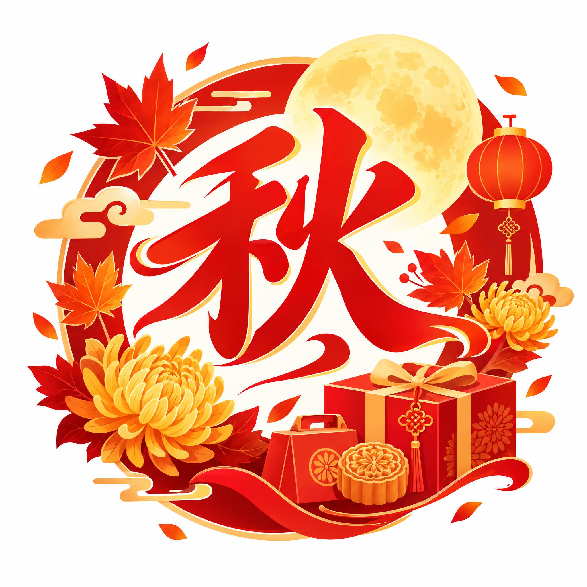 中秋节商城小图标，中心是一个大大的红色'秋'字，字体飘逸有设计… - 图片创意预览