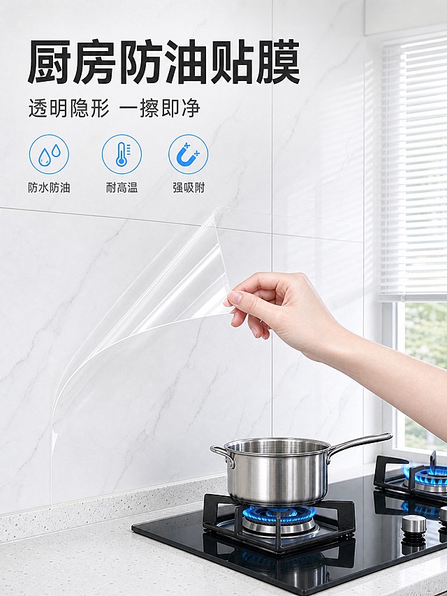 [主图-1] 厨房防油贴膜 首图 洁净感与购买欲。真实厨房场景，产品贴在白色大理石纹瓷砖墙面上，一只手正轻轻掀起贴膜一角展示透明质感，下方燃气灶上不锈钢汤锅正在加热，蓝色火焰清晰可见，整体画面明亮通透，突出贴膜透明隐形、不影响墙面美观的特点。
[统一基调] 淘宝/天猫专业品质风格，洁净生活、明亮自然光、高亮通透、真实家庭场景、实用主义、清爽秩序感；背景主色为白色+浅灰+清透蓝绿点缀，标题字色为深灰近黑，辅助字色为中灰，强调色为清透蓝，字体为现代无衬线粗体，字号层级分明，卡片与图标采用圆角轻量样式。
[画面] 产品为高透明PET厨房防油贴膜，平整贴于厨房灶台后方的白色大理石纹瓷砖墙上，贴膜边缘有轻微掀起展示厚度与透明度；画面中景为黑色玻璃燃气灶，灶上放一口不锈钢小汤锅，锅底有蓝色火焰；右侧有白色百叶窗透进自然光；一只女性的手从右上伸入画面，拇指与食指捏住贴膜右上角轻轻掀起，手部姿态自然，皮肤白皙。产品占画面约55%，视角为平视微俯，产品与墙面完全贴合无气泡。
[光影质感] 商业摄影质感，主光从右侧窗户射入，柔和自然光，贴膜表面有细腻高光反射体现透明材质，墙面与灶台面有自然阴影，整体明亮干净，高光不过曝，暗部有细节。
[配色] 主色白色+浅灰，强调色清透蓝（火焰、图标高亮），文字深灰色，整体冷调洁净感，无大面积高饱和色块。
[文字版式] 左上角大标题："厨房防油贴膜"，副标题："透明隐形 一擦即净"；底部三列小图标+短文案："防水防油""耐高温""强吸附"；文字放在负空间，不遮挡产品主体；字体为现代无衬线粗体，标题最大，辅助文字缩小50%以上。
[输出要求] 比例3:4，文字清晰可读，产品清晰透明质感真实，画面干净整洁；负向：变形、错字、模糊、杂乱、水印、平台Logo、多余手指、畸形手、贴膜有气泡、墙面脏乱、产品悬浮。