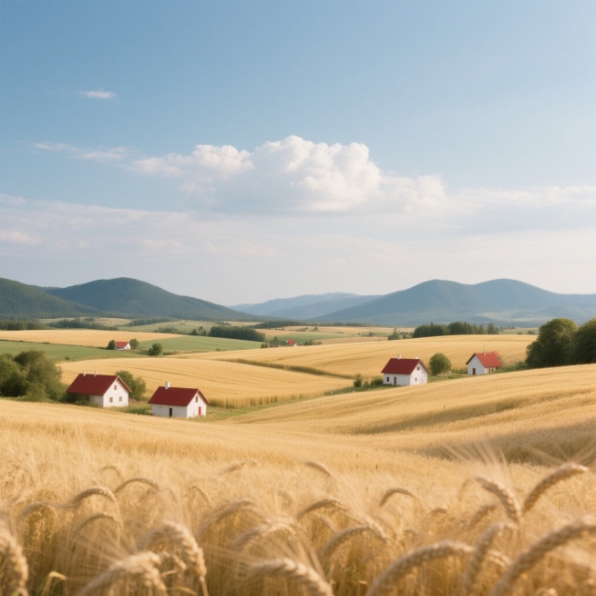 写实摄影风格自然风景，田园风光，大片金黄色的麦田在微风中起伏，田间散落着几座红顶白墙的小屋，远处是连绵的青山，天空中飘着悠闲的白云预览效果