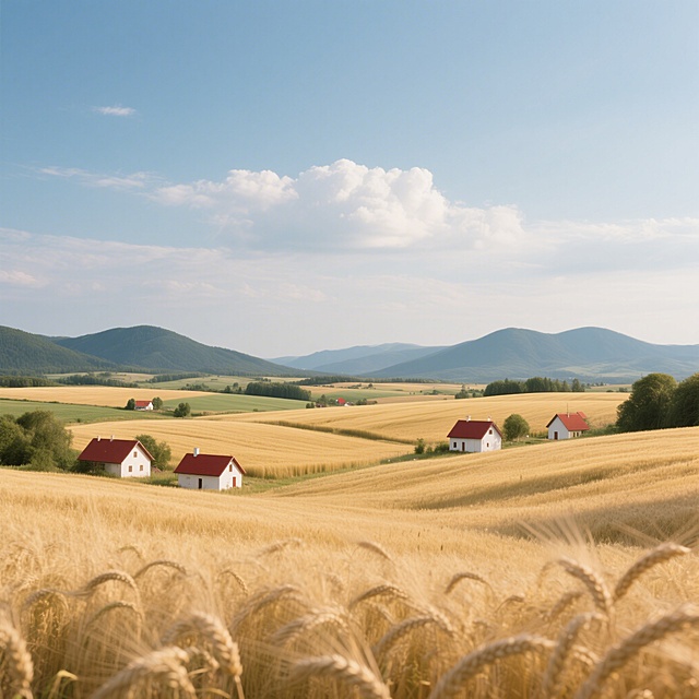 写实摄影风格自然风景，田园风光，大片金黄色的麦田在微风中起伏，田间散落着几座红顶白墙的小屋，远处是连绵的青山，天空中飘着悠闲的白云
