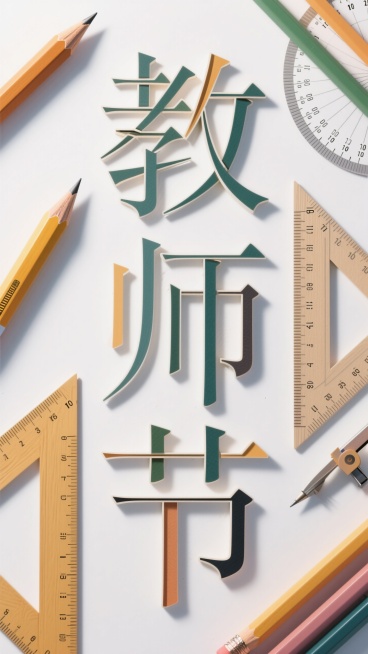 “教师节”三个字，优雅的字体设计，干净的线条，拼贴风格。由铅笔、直尺、三角板和圆规等文具拼接构成，矢量插画风格，白色背景，色彩明亮，精准的几何线条，预览效果