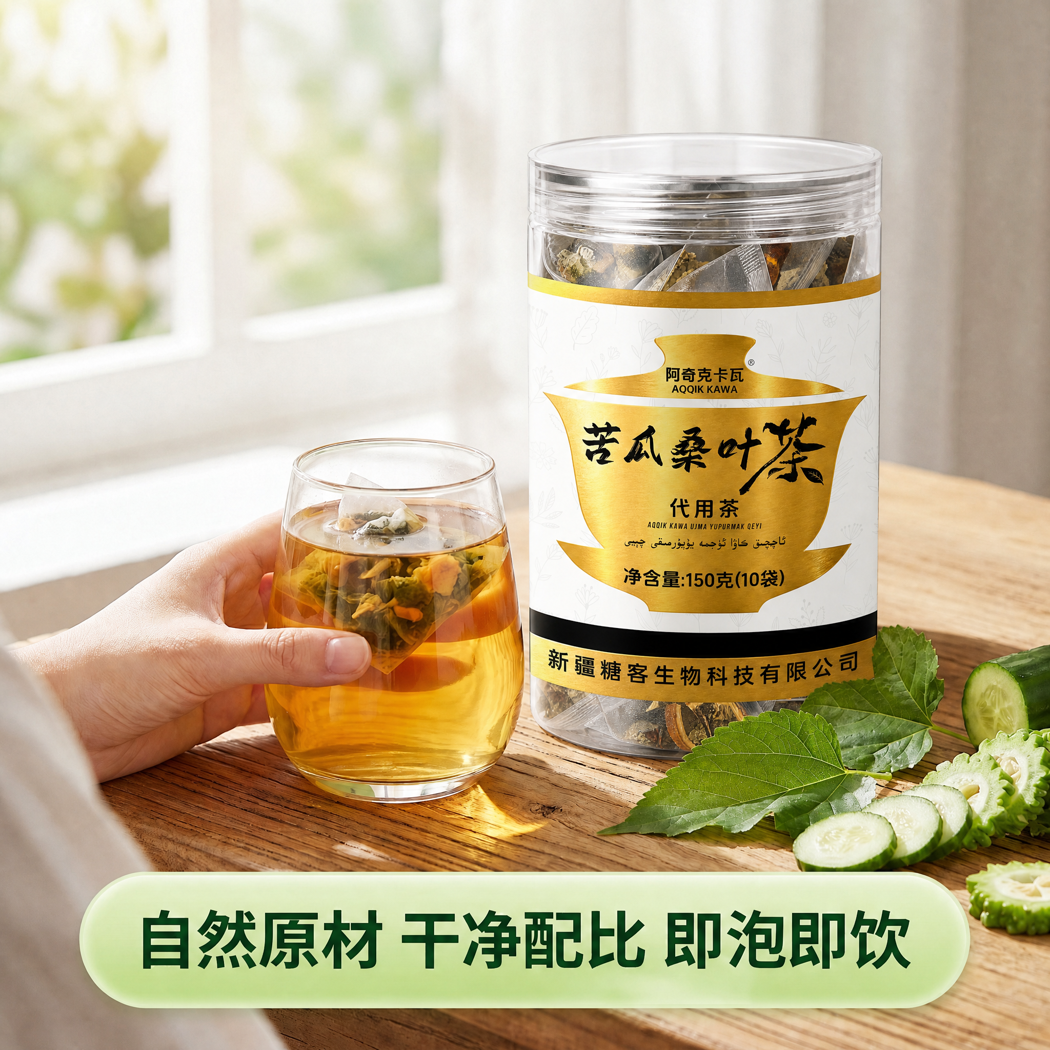 将第一张图中的绿色桑叶双瓜茶盒子去掉，把第二张图中的透明罐装苦… - 图片创意预览