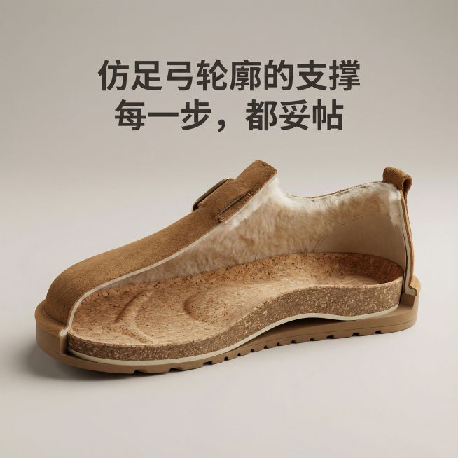视觉： 产品剖面示意图或高精度建模图，温和地展示软木乳胶鞋床的立体承托结构。或用极简线条动画表现“踩下-回弹”的舒适感。背景为浅灰色或米色。

文案（两行）：

仿足弓轮廓的支撑

每一步，都妥帖预览效果