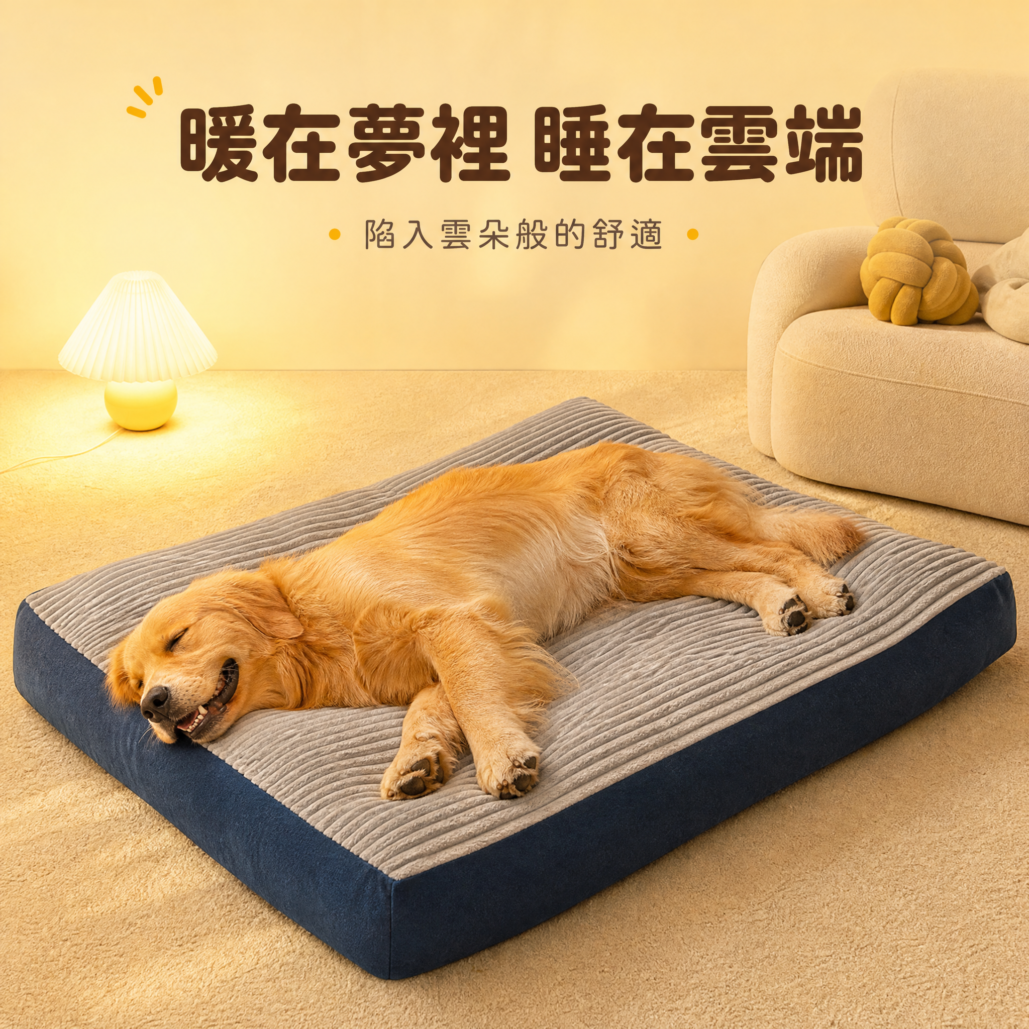 [主图-2] 宠物狗床垫 舒适睡眠场景图，展示金毛犬熟睡状态，… - 图片创意预览