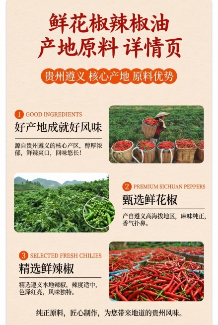 基于参考的制作流程图，生成同风格鲜花椒辣椒油详情页，突出贵州遵义核心产地的原料优势，保留现有文案信息，2:3比例，2K分辨率，版式简洁统一预览效果