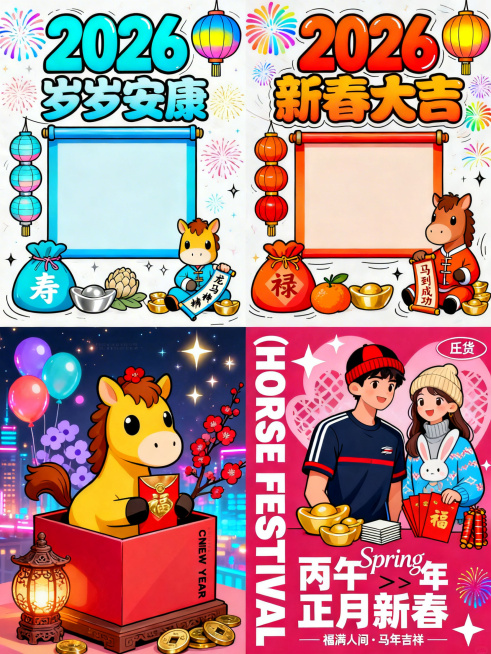 一幅主题为 2026 年马年新春的手绘风格祝福海报（手抄报），整体色彩明快、充满童趣与传统年味：核心主题与年份标识画面最上方以大号湖蓝字体标注「2026」，下方搭配加粗的「岁岁安康」，直接点明时间背景预览效果