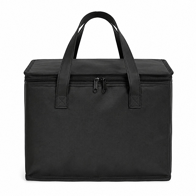 [Main image 1] Amazon product main image of black insulated cooler bag. Pure white background #FFFFFF, product centered. Keep the original product appearance, physical structure, material texture and color completely consistent with the input image, no distortion or color difference. Product body accounts for 85% of the screen, full screen without border. Commercial photography texture, soft and even light, clear product, clean and high-end picture. Flat lay front view of the closed bag, complete product outline, no cropping. 1:1 ratio, all text on the image must be English. Ultra HD commercial photography quality. Negative prompt: deformation, blurred product, cluttered background, watermark, e-commerce platform Logo, Chinese characters.