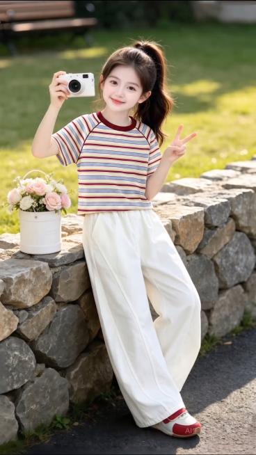 用图1的短袖替换图的2的人物穿的上衣，保留原场景光影，保持图2的人物下身穿着不变，五官和发型不变，图片宽高尺寸不变，背景不变，鞋子不变，人物姿势不变，保持图1的短袖款式材质不变和颜色不变预览效果