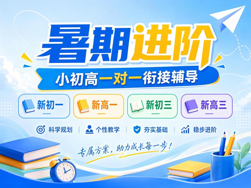 4:3比例教育培训推广海报，主色浅蓝色搭配黄色，主标题“暑期进阶”，副标题“小初高一对一衔接辅导”，四个圆角标签分别标注新初一、新高一、新初三、新高三，搭配纸飞机装饰，背景浅蓝色渐变，文字清晰醒目，版预览效果