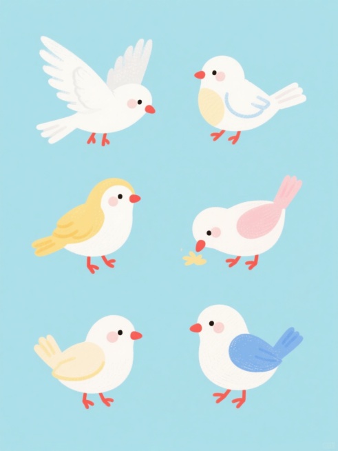 一组6个手绘卡通风格小鸟系列素材集合，规整排布。每个素材均为不同造型和角度的小鸟，包括展翅飞翔、站立休憩、低头啄食、侧头观望等动态，小鸟造型圆润可爱，线条流畅，保留小鸟的基本特征。整体采用统一的纯色背景（如淡蓝色、淡黄色、淡粉色等柔和纯色），色彩搭配鲜明且协调，小鸟主体颜色可设计为白色、黄色、蓝色等，并点缀红色喙和爪子。画面呈现明显的手绘质感，带有轻微笔触纹理，整体视觉风格统一，生动活泼，充满……预览效果