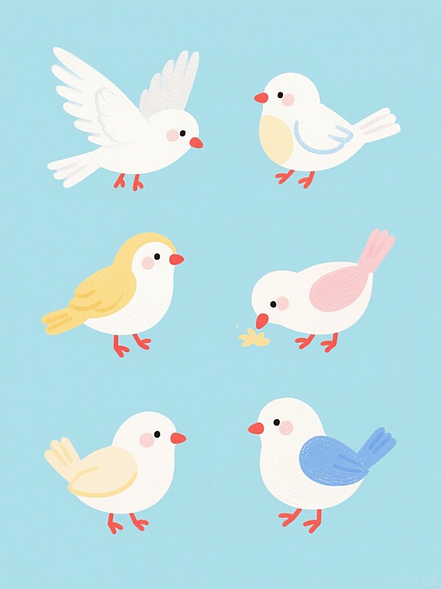 一组6个手绘卡通风格小鸟系列素材集合，规整排布。每个素材均为不同造型和角度的小鸟，包括展翅飞翔、站立休憩、低头啄食、侧头观望等动态，小鸟造型圆润可爱，线条流畅，保留小鸟的基本特征。整体采用统一的纯色背景（如淡蓝色、淡黄色、淡粉色等柔和纯色），色彩搭配鲜明且协调，小鸟主体颜色可设计为白色、黄色、蓝色等，并点缀红色喙和爪子。画面呈现明显的手绘质感，带有轻微笔触纹理，整体视觉风格统一，生动活泼，充满童趣。