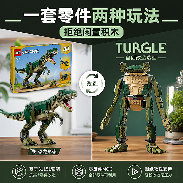 淘宝主图1:1，简洁风格，突出套装改造玩法卖点，展示由乐高创意百变霸王龙套装改造而成，零废件MOC，画面包含原霸王龙套装盒子和改造后的TURGLE模型，文字突出'一套零件两种玩法，拒绝闲置积木'