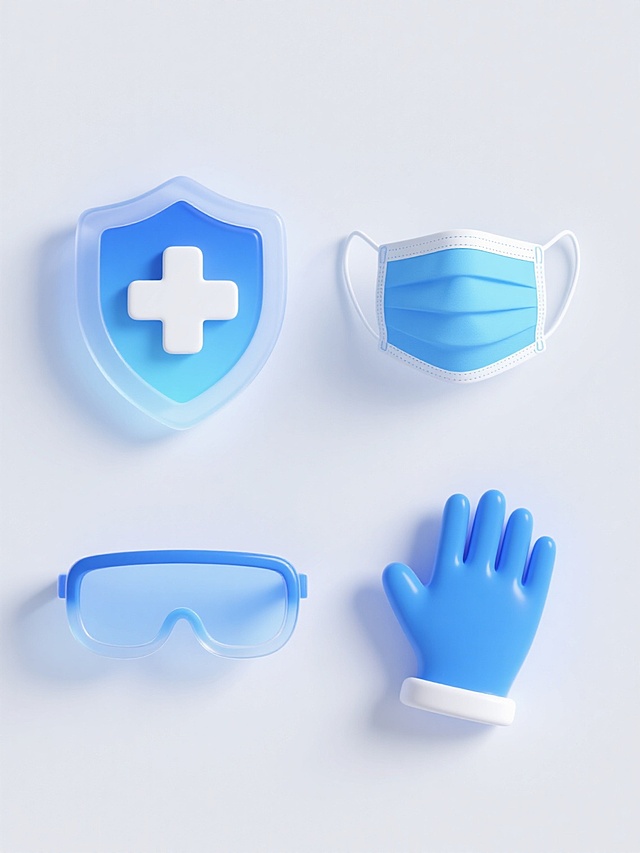 白色纯色背景上，以4个规整排布的独立元素组成系列素材集合，每个元素均保持与原图一致的3D立体渐变风格，主色调为清澈的蓝白渐变，具有柔和的高光和半透明的光感边缘，光影效果统一为中心明亮向边缘渐弱的发光质感。第一个元素是带有白色十字标志的蓝色防护盾牌，第二个元素是蓝色渐变的防护口罩，口罩边缘有白色光边和立体褶皱，第三个元素是蓝色3D护目镜，镜片呈现透明高光效果，第四个元素是蓝色防护手套，手掌部分有白色反光细节，所有元素均保持相同的光影处理、圆润边缘和发光效果，整体构图均衡对称，形成风格统一的防护用品系列图标集合。