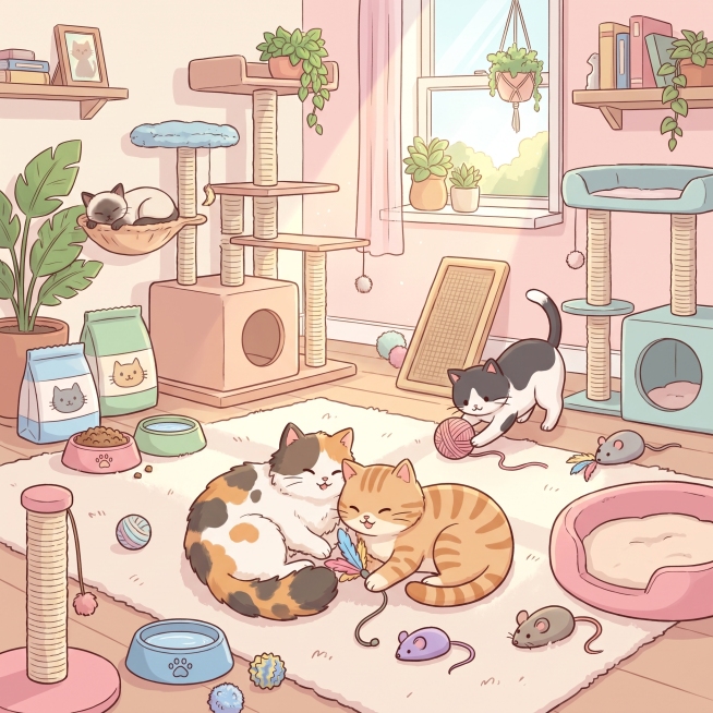 生成室内猫咪温馨相处，旁边摆放着宠物用品和玩具的卡通插画，风格参考参考图，生动活跃有生命力，画面丰富温馨有故事感，色彩柔和，不要添加任何文字预览效果