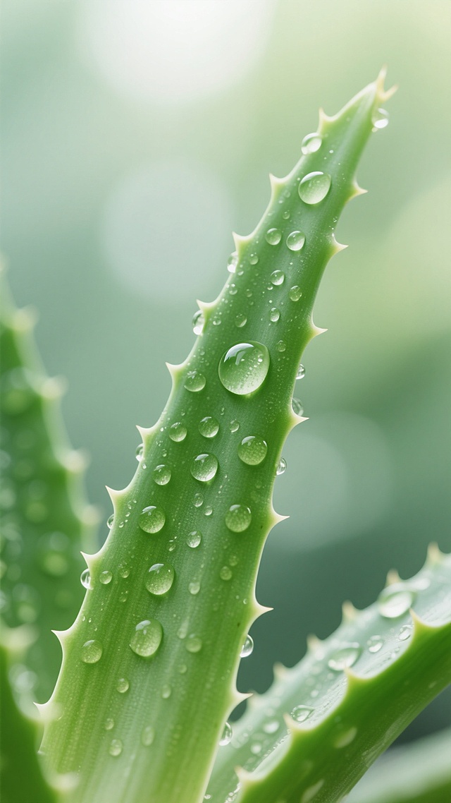 超写实微距摄影风格的背景，特写一株新鲜翠绿的芦荟叶片，叶片表面布满晶莹剔透的水珠，水珠呈现出完美的球形并反射光线，叶片边缘带有尖锐的小刺，整体画面以明亮的绿色为主色调，背景采用柔和的虚化处理形成浅景深效果，顶部有自然的高光照射营造出清新、水润、充满生机的氛围，光线柔和且具有穿透力，突出叶片的细腻纹理和水珠的透明质感，整体色调清新自然，给人纯净、舒缓的感觉。