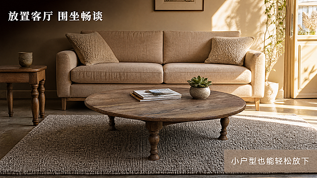 [第4屏] 客厅场景使用展示：复古做旧全实木圆矮茶几，放置在客厅空间的沉浸体验。
[氛围/风格] 温馨复古居家氛围，慵懒松弛感，自然光暖调，真实生活场景商业摄影质感。
[元素布局] 使用图6作为茶几主体，保留圆形四脚结构、做旧木纹材质、颜色尺寸与原图完全一致。将茶几放置在客厅中心，后方搭配三人位棉麻布艺沙发，上面放两个针织抱枕，左侧放原木边几加陶瓷水杯，茶几上摆放几本设计杂志和一盆小型多肉绿植，地面铺灰色针织地毯，背景墙面是浅卡其色乳胶漆，右侧门洞透进自然光线，营造真实温馨的居家会客场景。
[光影质感] 右侧自然日光斜射，照亮茶几表面和沙发，产生柔和阴影，整体光影氛围温暖通透，生活气息浓郁。
[配色色系] 全局色调：暖米调空间；主体：#887254；搭配：#C8B6A6（沙发）#9A7B53（边几）#607848（绿植）。
[视角构图] 平视机位，展现完整客厅空间关系，茶几位于视觉中心，构图对称稳定，景深自然，前后层次分明。
[文字版式] 左上角压暗角添加主标题「放置客厅 围坐畅谈」，白色粗体字；右下角浅色半透明底添加副标题「小户型也能轻松放下」，白色细体字，文字不遮挡茶几主体，保持阅读清晰。
[比例分辨率] 16:9横版比例，4K分辨率，文字清晰可辨，超高清。
[负向提示词] 茶几变形，尺寸比例失调，结构错误，颜色偏差，透视混乱，水印，文字模糊，违规内容。