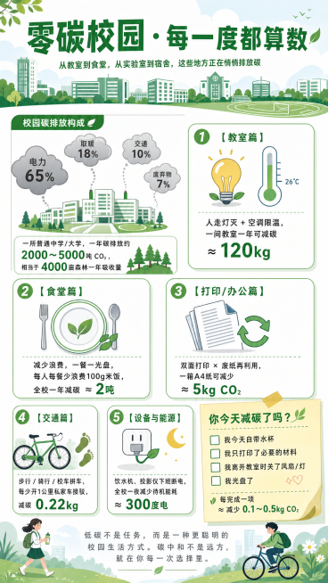 环保宣传海报，主标题“零碳校园 · 每一度都算数”，副标题“从教室到食堂，从实验室到宿舍，这些地方正在悄悄排放碳”，清新插画风，轻环保色调（绿、白、浅灰、淡蓝），顶部主标题搭配校园剪影（深绿+白色），预览效果