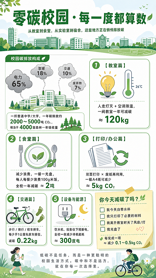 环保宣传海报，主标题“零碳校园 · 每一度都算数”，副标题“从教室到食堂，从实验室到宿舍，这些地方正在悄悄排放碳”，清新插画风，轻环保色调（绿、白、浅灰、淡蓝），顶部主标题搭配校园剪影（深绿+白色），左上区域展示校园碳排放构成，小型校园轮廓上方飘出灰色气泡，标注电力 65%、取暖 18%、交通 10%、废弃物 7%，配文“一所普通中学/大学，一年碳排放约 2000～5000吨 CO₂，相当于 4000亩森林一年吸收量”，中部是5个卡片式减碳行动模块，白底浅绿边框：1.【教室篇】图标灯泡+温度计，文案“人走灯灭 + 空调限温，一间教室一年可减碳 ≈ 120kg”；2.【食堂篇】图标餐盘+绿叶，文案“减少浪费，一餐一光盘，每人每餐少浪费100g米饭，全校一年减碳 ≈ 2吨”；3.【打印/办公篇】图标纸张+循环箭头，文案“双面打印 × 废纸再利用，一箱A4纸可减少 ≈ 5kg CO₂”；4.【交通篇】图标自行车+脚印，文案“步行 / 骑行 / 校车拼车，每少开1公里私家车接驳，减碳 0.22kg”；5.【设备与能源】图标插头+月亮，文案“饮水机、投影仪下班断电，全校一夜减少待机能耗 ≈ 300度电”，右下区域淡黄色底色的互动自检表，标题“你今天减碳了吗？”，打勾选项：我今天自带水杯、我只打印了必要的材料、我离开教室时关了风扇/灯、我光盘了，配文“每完成一项 ≈ 减少 0.1～0.5kg CO₂”，底部灰色小字激励语：“低碳不是任务，而是一种更聪明的校园生活方式。碳中和不是远方，就在你每一次选择里。”突出行动感与可量化，避免说教，数据可视化清晰，图文并茂，版式符合要求
