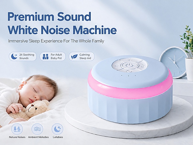 Change the white product body on this page to the same light blue color as the reference image [image10], keep product shape, buttons, text and composition unchanged, do not distort the product, keep all text, background, night light ring pink color unchanged. Only modify the product body color to the reference light blue, keep everything else exactly the same as original. 4K resolution, high definition, no distortion.