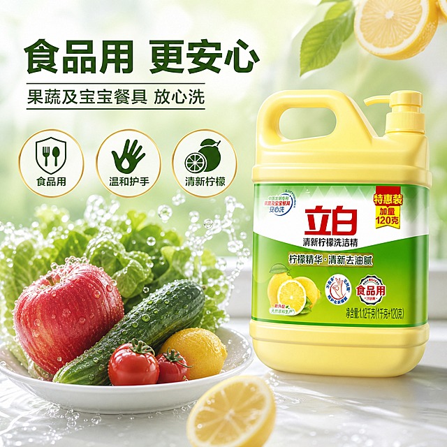 [主图-3] 立白清新柠檬洗洁精1.12kg 安全性与品质介绍图，食品用安心洗展示。
[统一基调] 京东品质感，高端洁净风格，简洁稳重，文字占比小于30%，一图一重点。整体配色以清新柠檬黄绿渐变为主背景，搭配白色与深绿色文字，字体采用现代无衬线粗体，高端大气。
[画面] 产品位于画面右侧，占画面约45%，正面视角，展示立白清新柠檬洗洁精1.12kg黄色瓶身。左侧为安全品质展示区域：新鲜的蔬菜水果（苹果、黄瓜、番茄）摆放在洁净的白色瓷盘里，旁边有清澈的水流和柠檬片，表达果蔬也可安心清洗的概念。画面中有三个圆形品质徽章悬浮在空中，分别代表不同的安全属性。整体画面传递安全、放心、食品级的品质感。
[光影质感] 商业摄影质感，柔和自然光，水果蔬菜新鲜有光泽，水流清澈透明，产品光影与场景融合自然，整体明亮洁净。
[配色] 背景为淡绿色到白色的柔和渐变，主标题文字为深绿色，徽章边框为金色，内部为白色底绿色图标。
[文字版式] 左上方大标题"食品用 更安心"，下方副标题"果蔬及宝宝餐具 放心洗"。三个品质徽章分别配文"食品用""温和护手""清新柠檬"。文字清晰，布局合理，不遮挡产品。字体统一为现代无衬线体。
[输出要求] 比例1:1，2048x2048，2K分辨率，文字清晰可读，产品清晰不变形，高端质感。负向：变形、错字、模糊、杂乱、水印、京东Logo、其他产品、第二件半价、加赠、保证性词汇、极限词、一瓶即净、一瓶搞定等违规词。