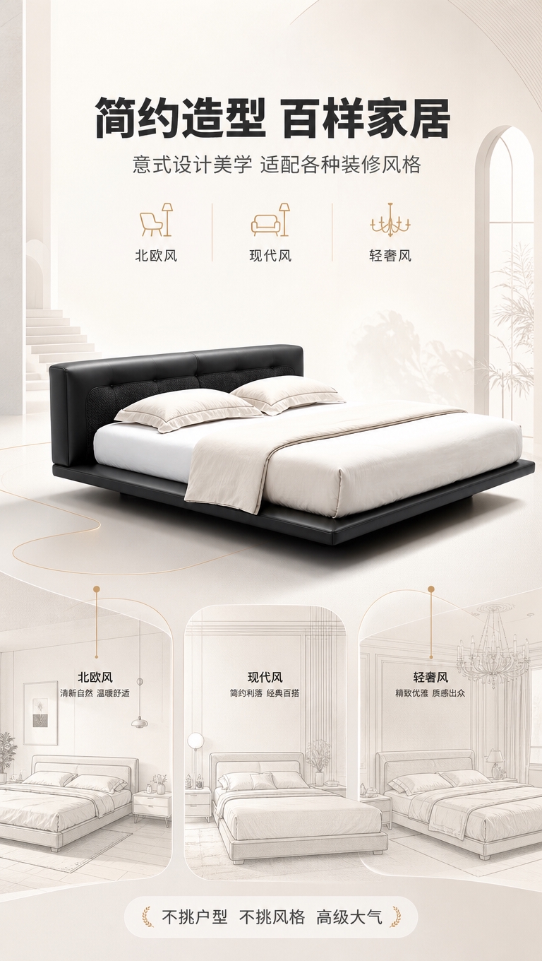 [商品] 使用【图1】黑色意式简约软包床；保留床头高软包设计、… - 图片创意预览