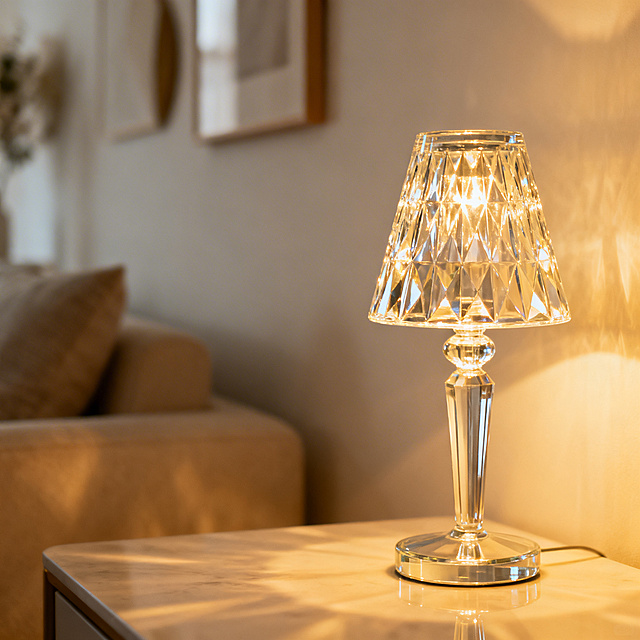 透明玻璃材质的灯具，造型简约精致，玻璃通透有光泽，放置在温馨的现代室内环境中，背景是柔和的家居布置，有浅色调的墙面和简约的家居装饰，整体氛围温暖舒适，光线柔和