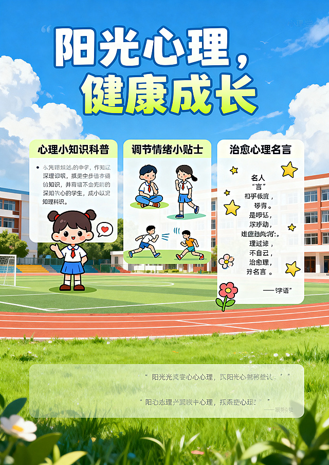 A3尺寸的中小学生心理知识科普海报，整体风格活泼清新，适合青少年阅读。画面包含几个板块：心理小知识科普、调节情绪小贴士、治愈心理名言，标题文字"阳光心理，健康成长"醒目突出。用可爱明亮的插画元素，蓝天白云背景搭配绿色草地，融入校园场景，布局清晰分区，信息简洁易读，具有教育意义。分辨率不低于300dpi，JPG格式。