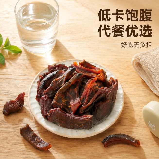 [主图-4] 贝贝南瓜干低卡代餐场景展示
[氛围风格] 健康生活代入感，适合健身减脂人群
[画质] 商业摄影质感、光线柔和通透、产品清晰真实、画面干净高级
[元素] 一盘贝贝南瓜干放置在干净的原木餐桌预览效果