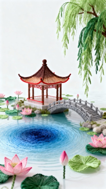中式古亭屹立在荷花满塘的湖中心，曲桥连接岸边，垂柳拂过水面预览效果