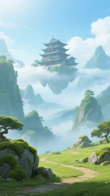 中国风动画风格游戏场景，明亮通透的蓝绿色调，柔和的天光效果，远处云雾缭绕的山峦间悬浮着一座宏伟的多层中式宫殿建筑，近处是覆盖着青苔的岩石和绿色草地，蜿蜒的小径点缀其间，整体画面呈现出宁静悠远的仙侠氛围，构图采用由近及远的层次感设计，色彩过渡自然柔和，细节处有轻微的笔触质感。预览效果