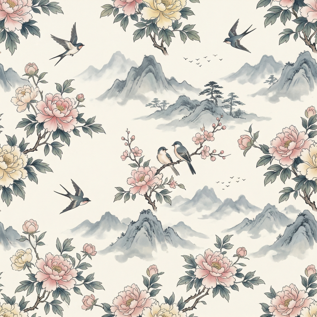 水墨山水牡丹花鸟主题床品纺织品图案，高清平面图，国风水墨淡彩风格，柔和雅致色彩，富贵牡丹绽放，远山飞鸟意境，线条晕染自然，适合家纺面料印花，清新淡雅色调，完整连续纹样设计，高清画质，传统国画意境，适合预览效果